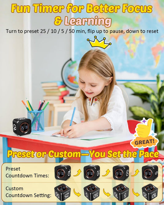Digital Pomodoro Timer Cube 5/10/25/50min, Visual Productivity Flip Timer for Kids Classroom Desk, Custom Countdown, Silent and Sound Mode for ADHD Study Work Game Kitchen (Black)