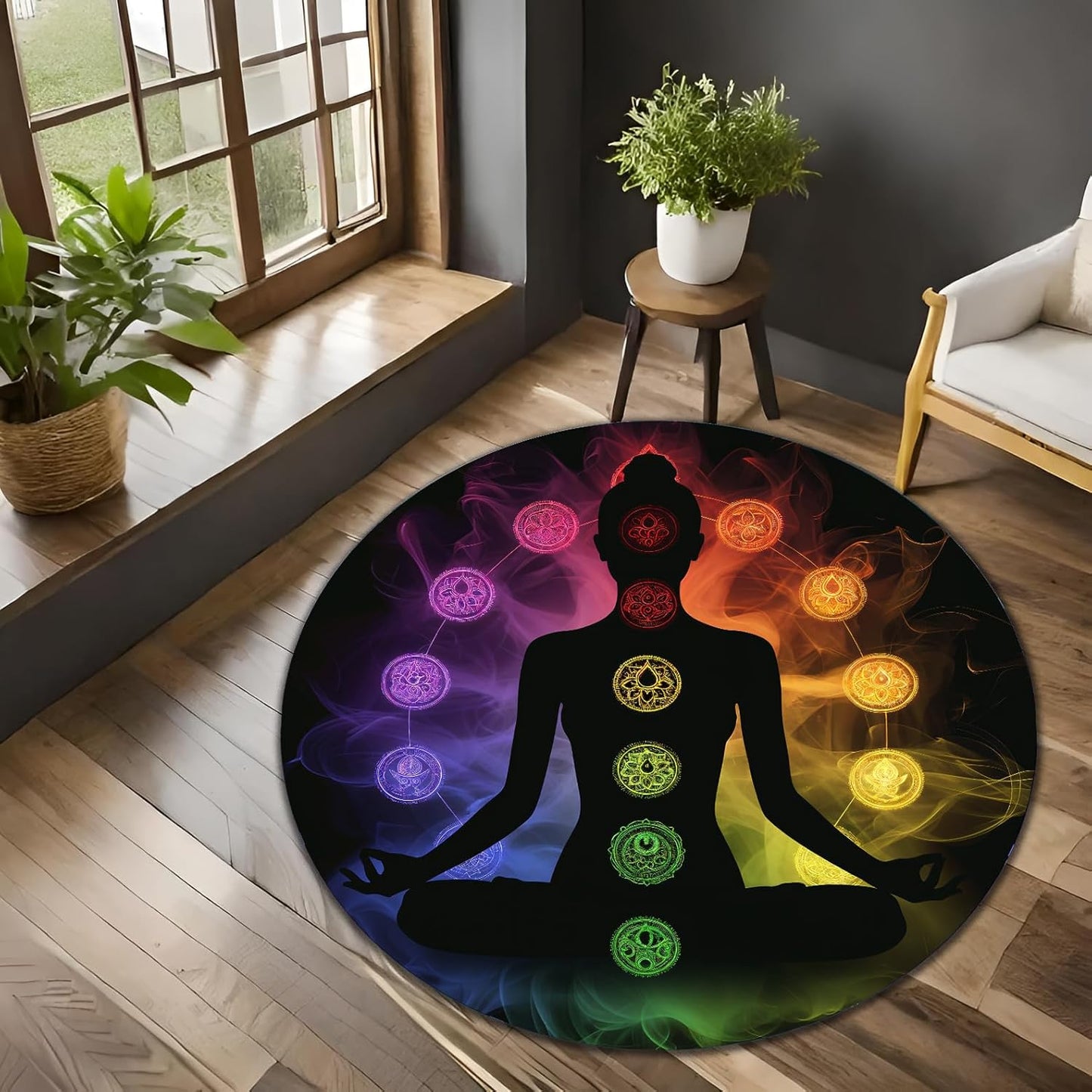 Chakra Round Area Rug, Non-Slip Meditation & Yoga Carpet for Living Room, Meditation Round Area Rugs, Modern Circular Bedroom Rug 57