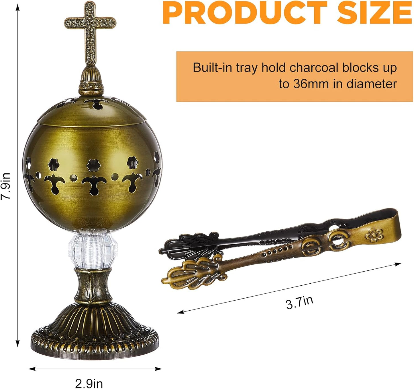 Zonon 1 Set Incense Burner with Tong, Frankincense Charcoal Incense Stand Holder, Ideal for Yoga, Spa, Aromatherapy, Home and Christian Church Censer (Gold,Retro)