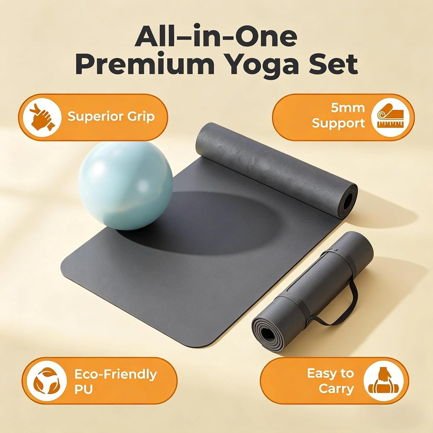 Grip Yoga Mat 5mm Non-Slip PU Natural Rubber Surface, Premium Fitness Mat for Hot Yoga, Pilates, for Women and Men