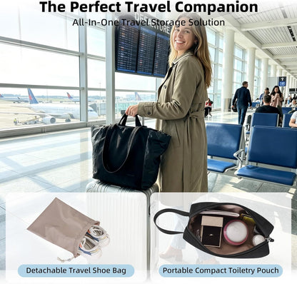 Lightweight Carryall Tote Bag for Women, 25L Expandable Travel Work Bag with Tablet Sleeve, Gym Tote with Yoga Mat Holder & Wet Dry Pocket, 3-Piece Set with Shoe Bag & Cosmetic Pouch (Black)