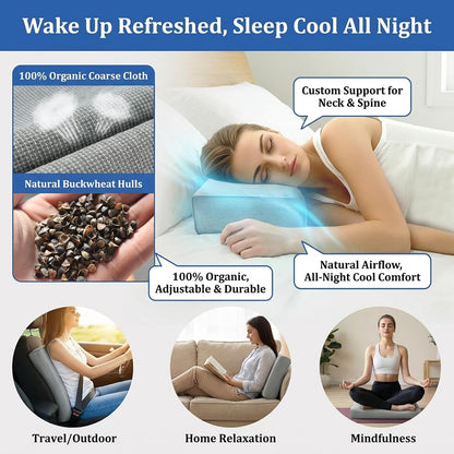 Adjustable Buckwheat Hull Pillow for Neck Pain Relief (21x8x4in) Natural Cooling Cervical Support Organic Pillow for Side & Back Sleepers with Night Sweats (Grey)