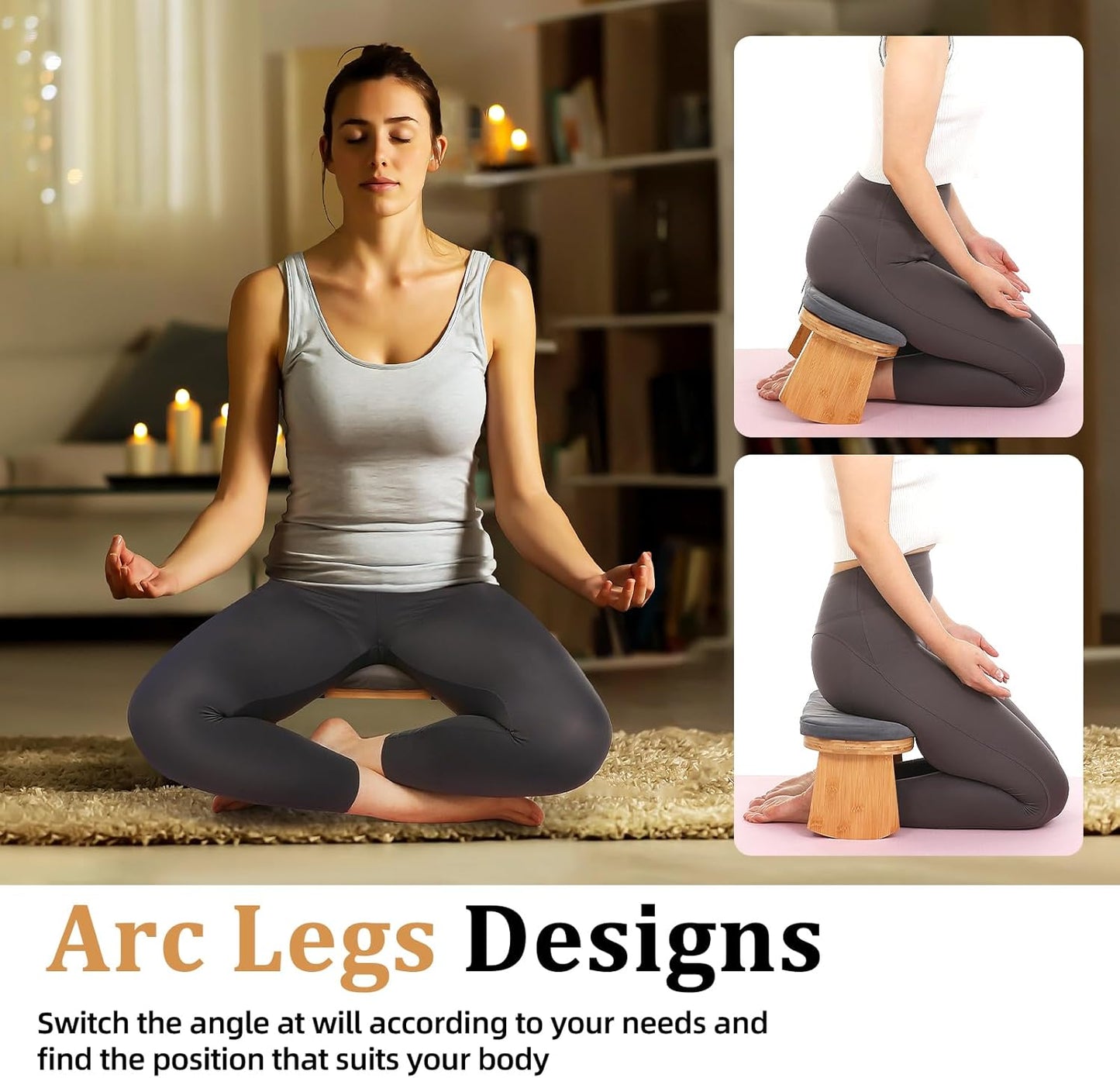 Meditation Bench, Folding Meditation Chair with Cushion, Bamboo Meditation Stool with Anti-Slip Mat, Adjustable Yoga Stool with Curved Bottom Edges, Prayer Bench