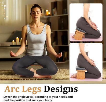 Meditation Bench, Folding Meditation Chair with Cushion, Bamboo Meditation Stool with Anti-Slip Mat, Adjustable Yoga Stool with Curved Bottom Edges, Prayer Bench