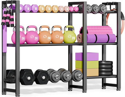 800LBS Capacity Multifunctional Home Gym Storage Rack with Side Hooks, Heavy Duty Adjustable Weight Storage Rack for Dumbbells Kettlebells Yoga Mat, Space Saving Workout Equipment Storage Organizer