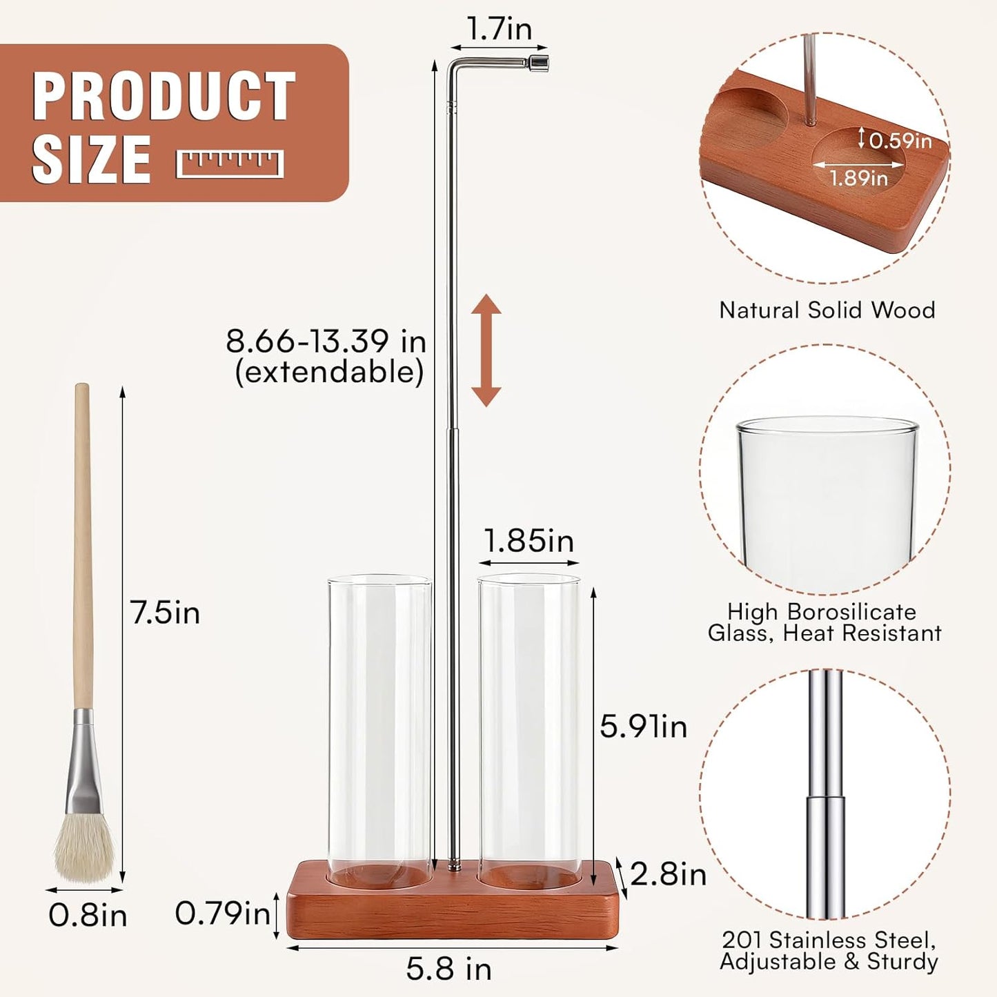 Incense Holder for Sticks, 2 in 1 Incense Burner with Glass Ash Catcher & Storage, Upside Down Incense Holder, Adjustable Stem with Threaded Lock for Yoga Spa Home Decor (Extends 8.7"-13.4")