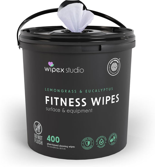 Wipex Yoga Mat Cleaner Wipes, EWG Verified, 400 Ct Plant-Based Lemongrass, Eucalyptus & Vinegar Wipes for Gym & Fitness Equipment & All Purpose Gym Cleaning - Safe for Peloton Bikes & Treadmills