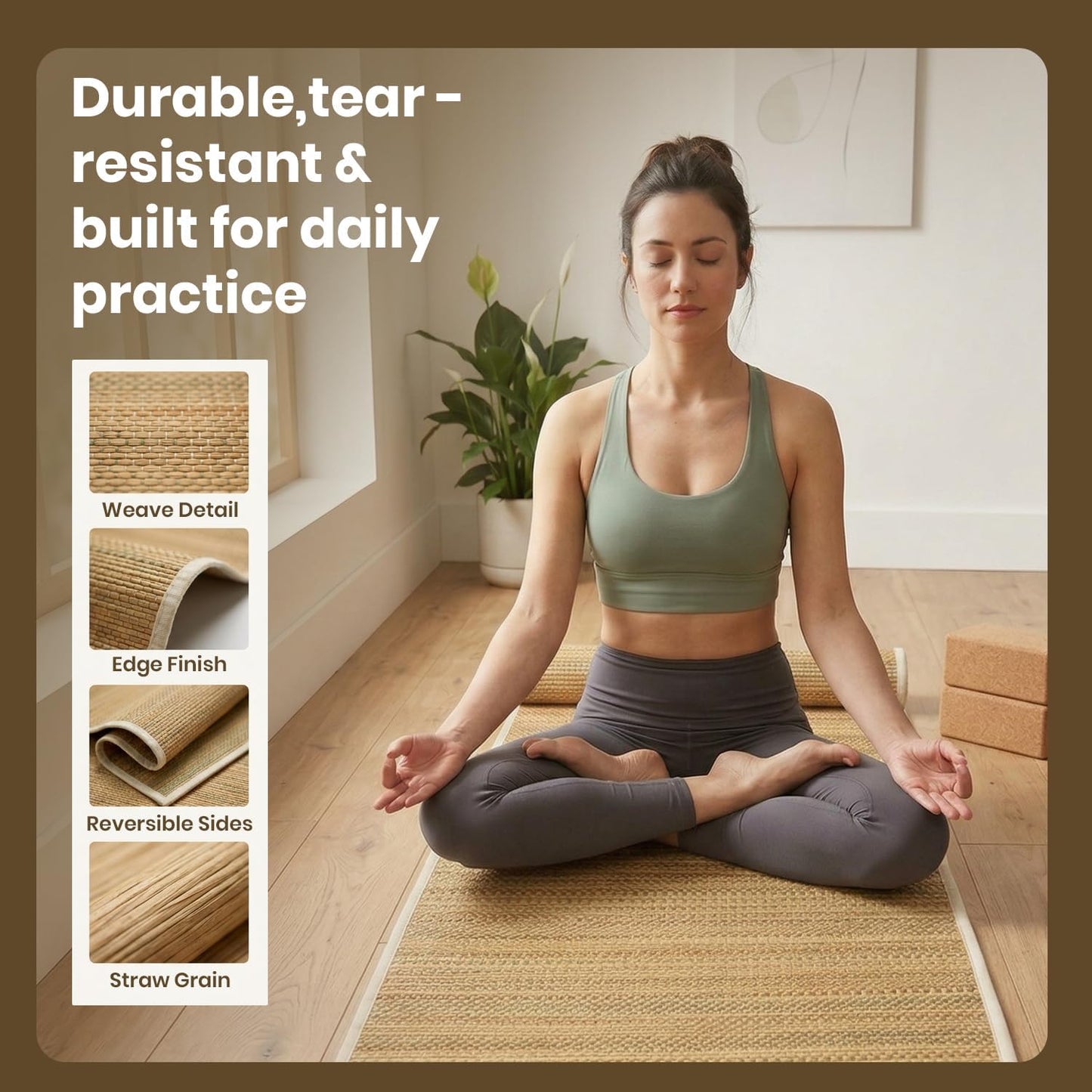 LFH Home Handmade Straw Yoga Mat For Exercise, Workout, Fitness - Perfect Heavy Quality Eco Friendly Natural Straw Reversible Yoga Mat for Men & Women - 72x24 Inch