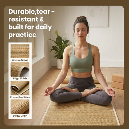 LFH Home Handmade Straw Yoga Mat For Exercise, Workout, Fitness - Perfect Heavy Quality Eco Friendly Natural Straw Reversible Yoga Mat for Men & Women - 72x24 Inch