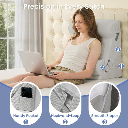 Sasttie Wedge Pillow Set for After Surgery, 2PCS Adjustable Bed Wedge Pillow Headboard with Memory Foam Neck Cushion – for Acid Reflux, Sleeping, Neck & Back Support, Dark Grey