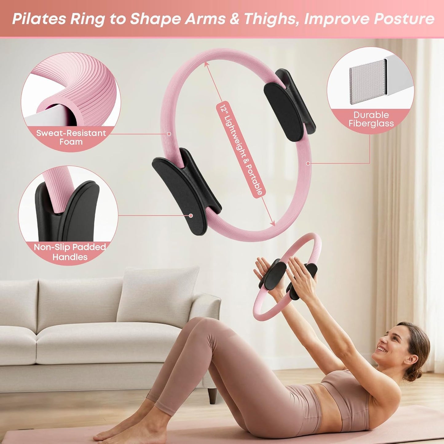 Home Pilates Kit for Women and Beginners, Pilates Ring and Ball Set with Resistance Bands, Wrist and Ankle Weights, Stretch Strap and Core Sliders and More for Full Body Toning