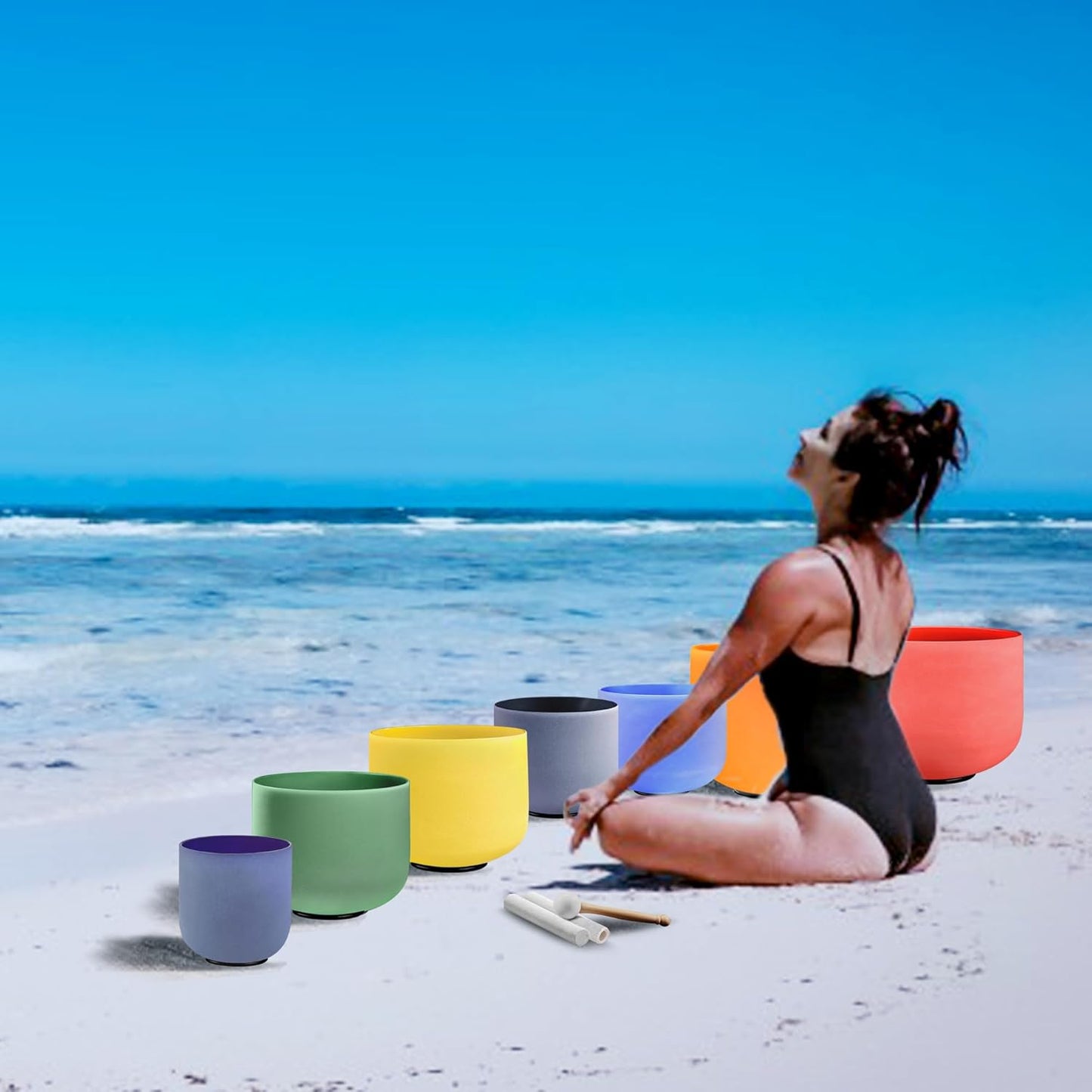 Ryan Dvan 432Hz 7"-12" Set of 7 Crystal Singing Bowl Set ¨C Gradient Color Quartz Bowls for Chakra Healing, Meditation, Sound Bath & Yoga.Sound Therapy Tools with Suede Mallets & O-Rings.