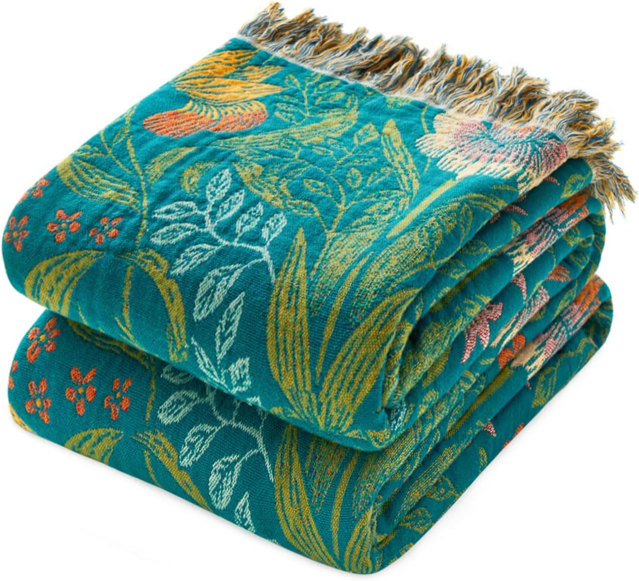 Boho Throw Blanket - 100% Cotton Soft Summer Throw Blanket for Bed, 50"x60" Reversible Breathable Lightweight Blankets, All Seasons Farmhouse Decor Floral Plant Butterfly Throw Quilt