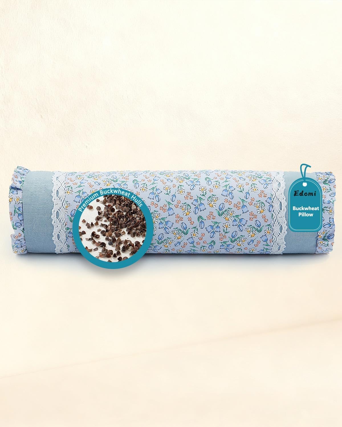 Buckwheat Hull Neck Roll Pillow -15.7" x4.7” Adjustable Firmness Cervical Support for Sleep & Yoga, Cooling Floral Cotton Cover, Ergonomic Bolster Pillow, Blue