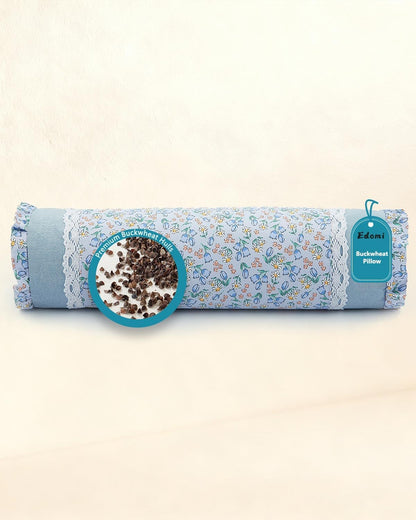 Buckwheat Hull Neck Roll Pillow -15.7" x4.7” Adjustable Firmness Cervical Support for Sleep & Yoga, Cooling Floral Cotton Cover, Ergonomic Bolster Pillow, Blue
