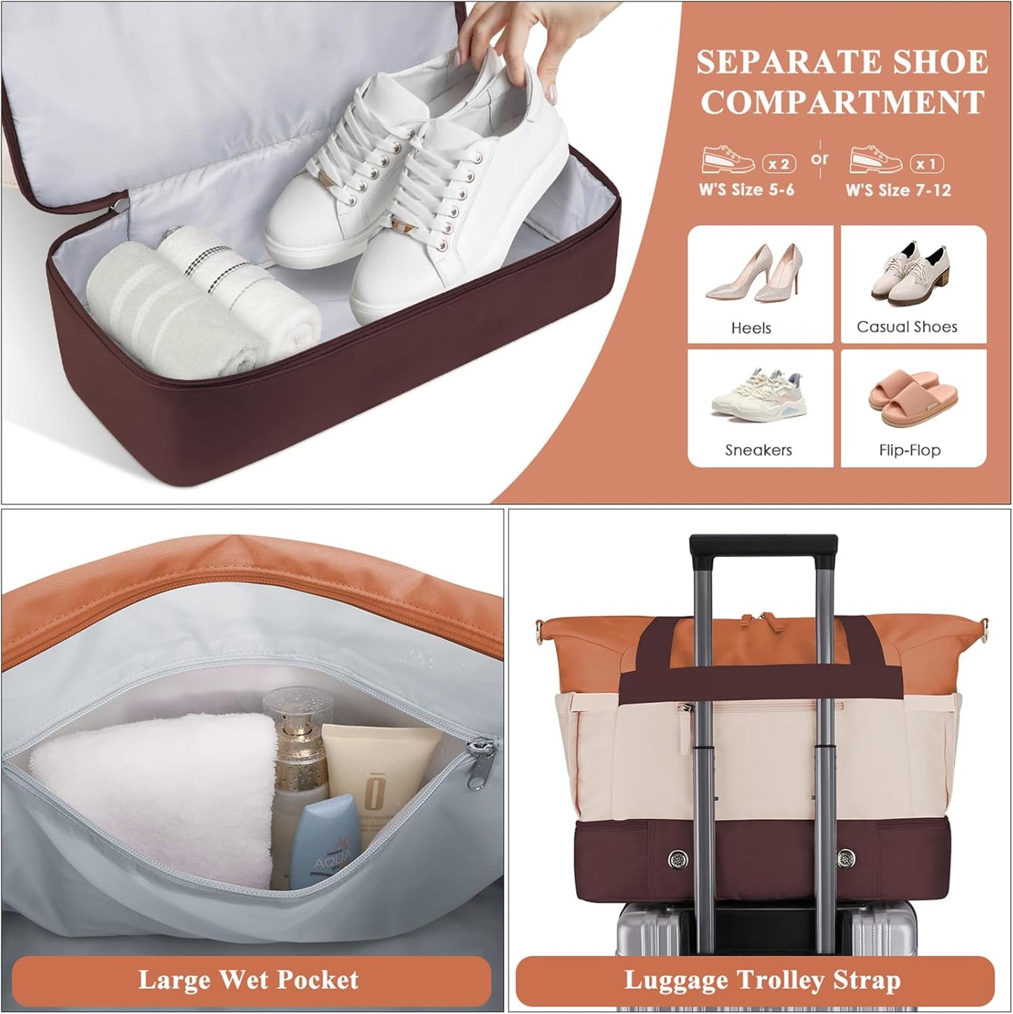 ETRONIK Gym Bag for Women, Personal Item Travel Bag with Shoes Compartment, Weekender Overnight Duffel Bag with Wet Pocket, Carry On Bag for Women, Travel, Gym, Weekend (Beige)