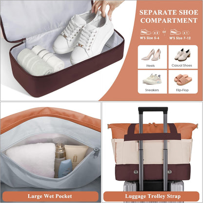 ETRONIK Gym Bag for Women, Personal Item Travel Bag with Shoes Compartment, Weekender Overnight Duffel Bag with Wet Pocket, Carry On Bag for Women, Travel, Gym, Weekend (Beige)