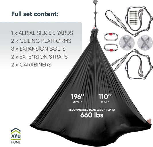 AyuHome Aerial Silks Kit for Home - Premium Yoga Swing for Kids and Adults with 660 lbs Capacity - Versatile Aerial Yoga Hammock for Gymnastics Training