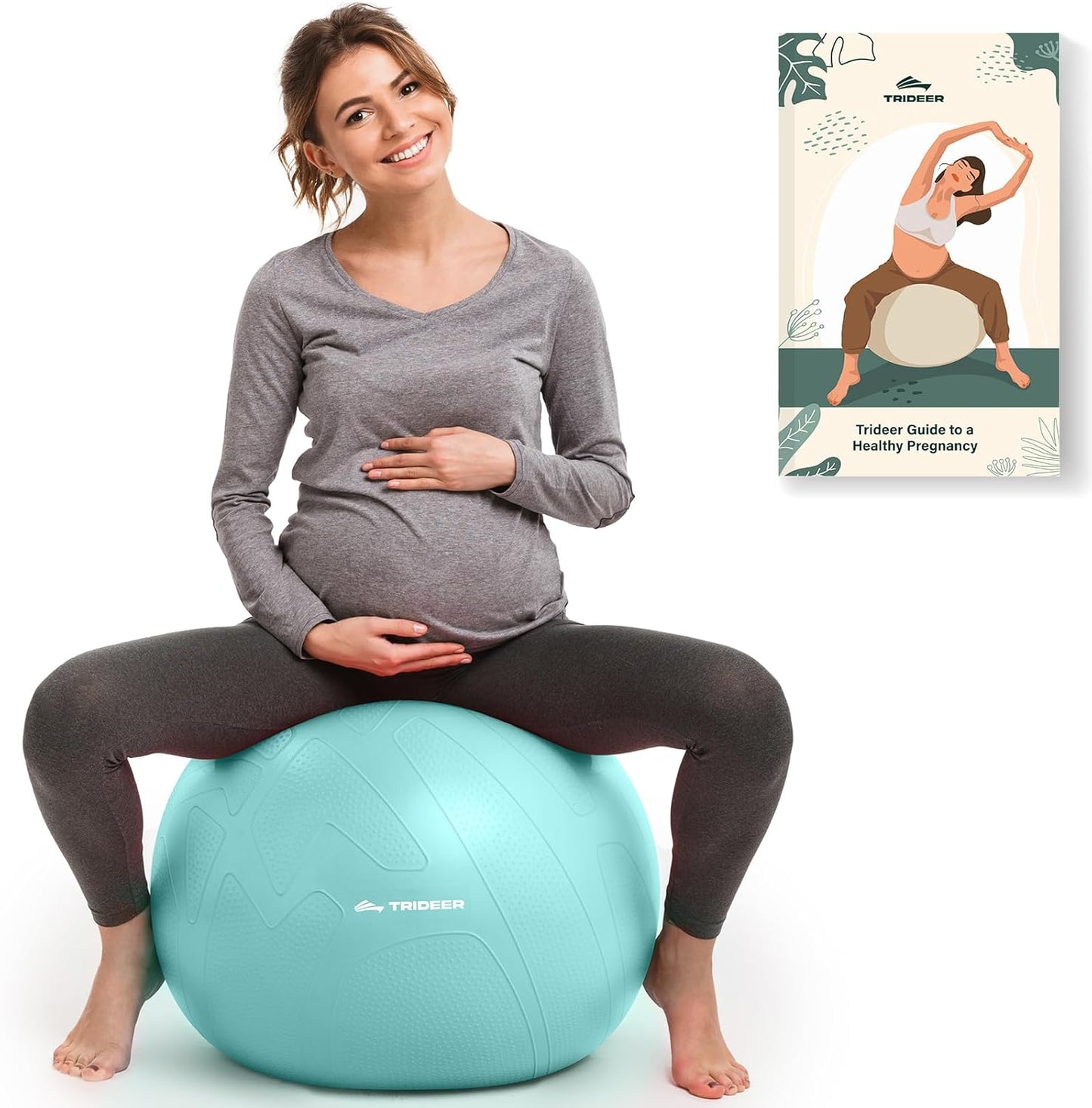 Trideer Pregnancy Birthing Ball, 1.7mm Extra Thick Yoga Ball for Maternity, Labor, Physio, Recovery, Exercise Guide & Daily Comfort Tips for All Trimesters, 1000LB Anti-Burst Non-Slip Stability Ball