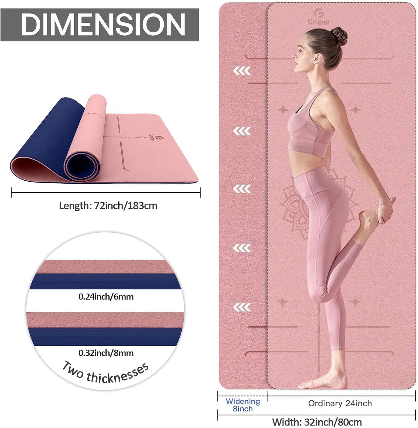 Gruper Yoga Mat Non Slip TPE Extra Wide Yoga Mat with Alignment Mark, 72"L x 32"W x 0.32"/0.24"Th (183cm x 80cm x 8mm/6mm), Anti-Tear Exercise Mat with Carrying Strap and Bag, Workout Mats for Yoga, Pilates
