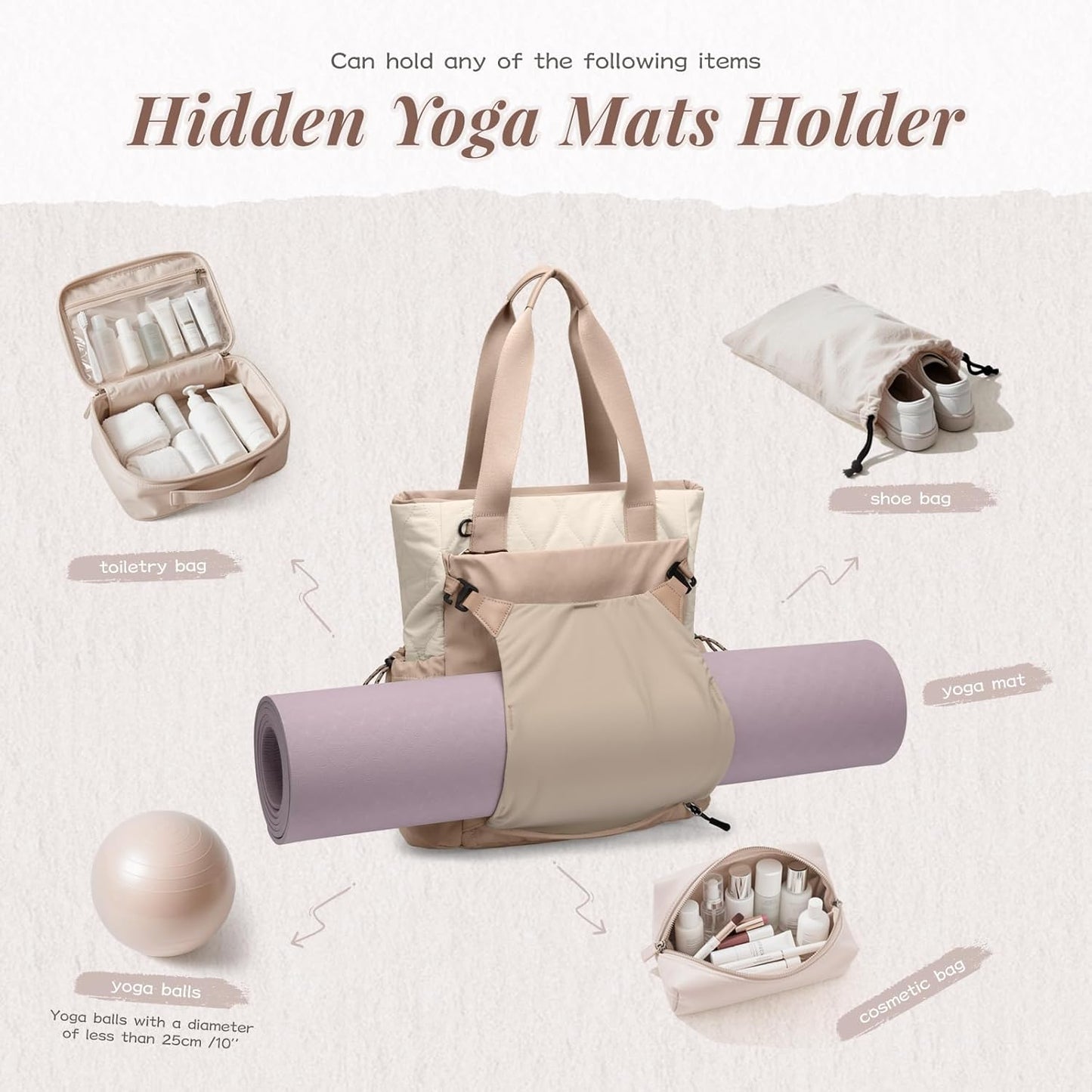 GOLF SUPAGS 3-in-1 Laptop Tote Backpack for Women 15.6" Quilted Work Gym Bag with Hidden Yoga Mat Carrier for Travel Leisure (Gravel Brown & Beige)