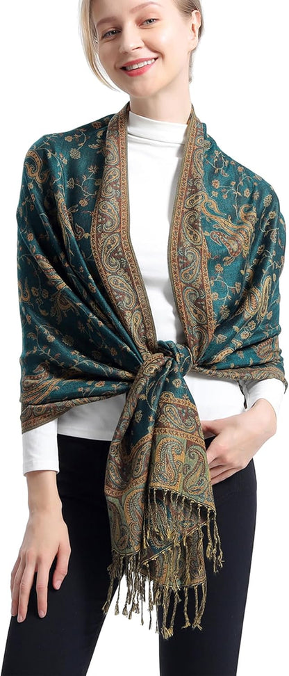 Ciormis Two Tone Silky Paisley Pashmina Shawl Scarf,Soft Women's Rave Jacquard Pashminas Wrap Scarves
