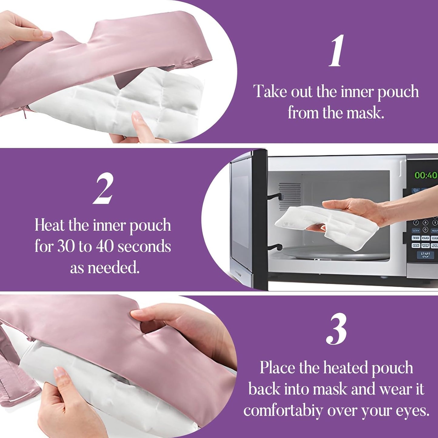 Lavender Heated Eye Mask, Weighted Sleep Mask for Dry Eyes & Blepharitis, Microwave Warm Compress to Remove Styes, Adjustable Satin Eye Pillow-Pink