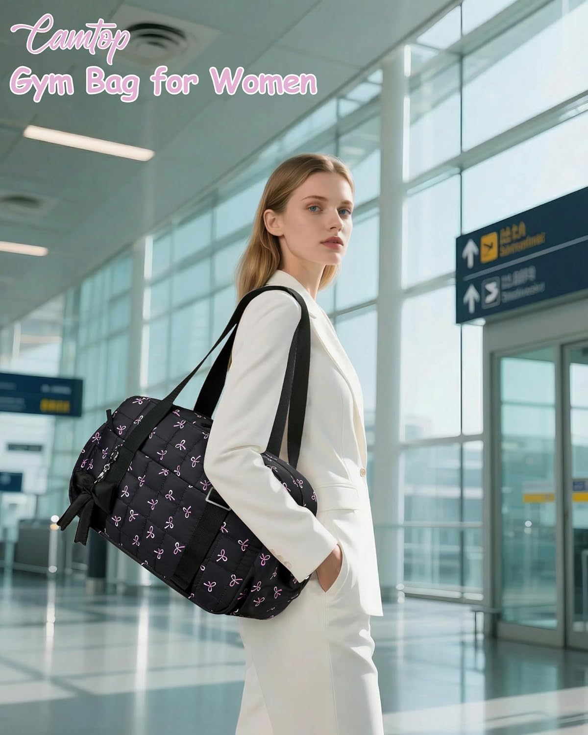 CAMTOP Mini Gym Bag for Women, Small Gym Tote Bag Puffy Quilted Sports Duffel Bag with Wet Compartment and Coin Purse Duffel Bags Dance Yoga Workout Bag for Gifts (All Black, Mini-12.6")