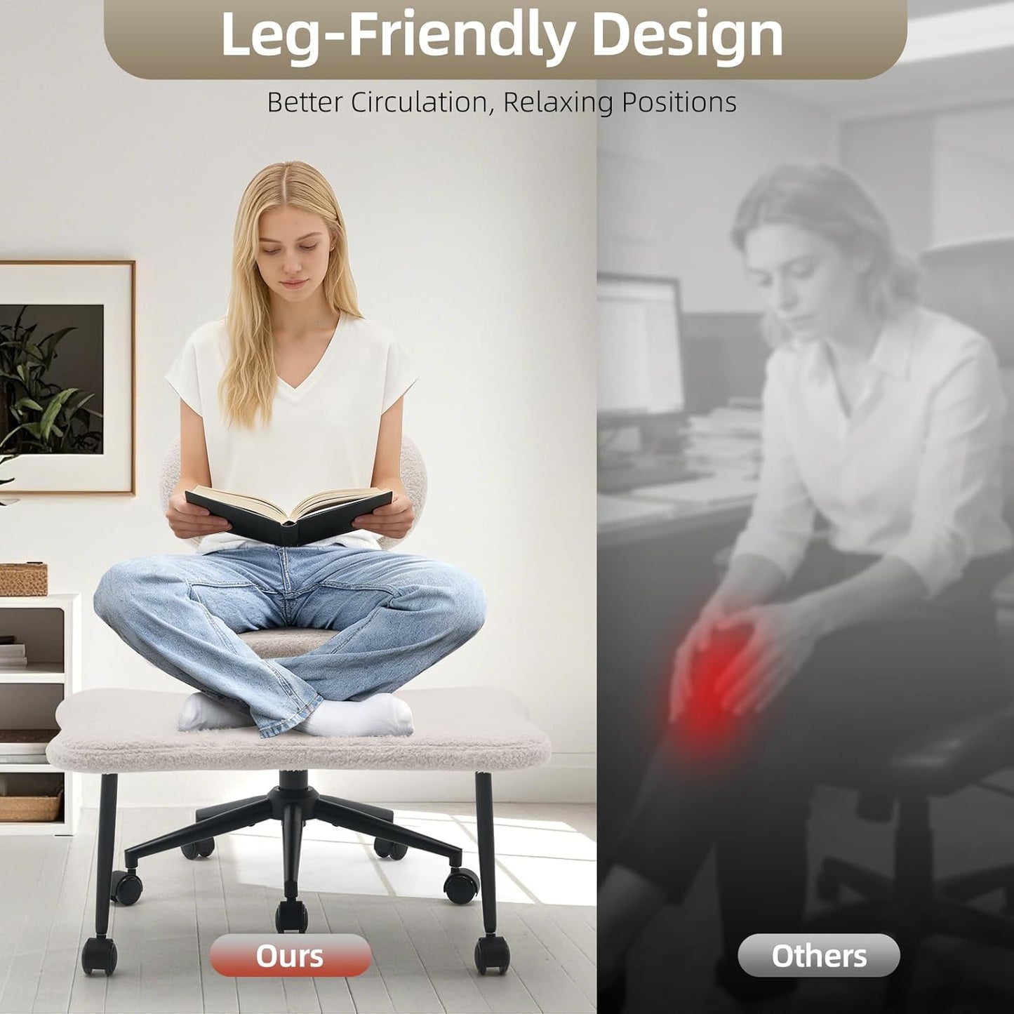 Ergonomic Cross Legged Chair, 360° Swivel Meditation Chair with Wheels, Height Adjustable Seat for Meditation, ADHD & Yoga, PU Leather Yoga Stool for Home Office, Black