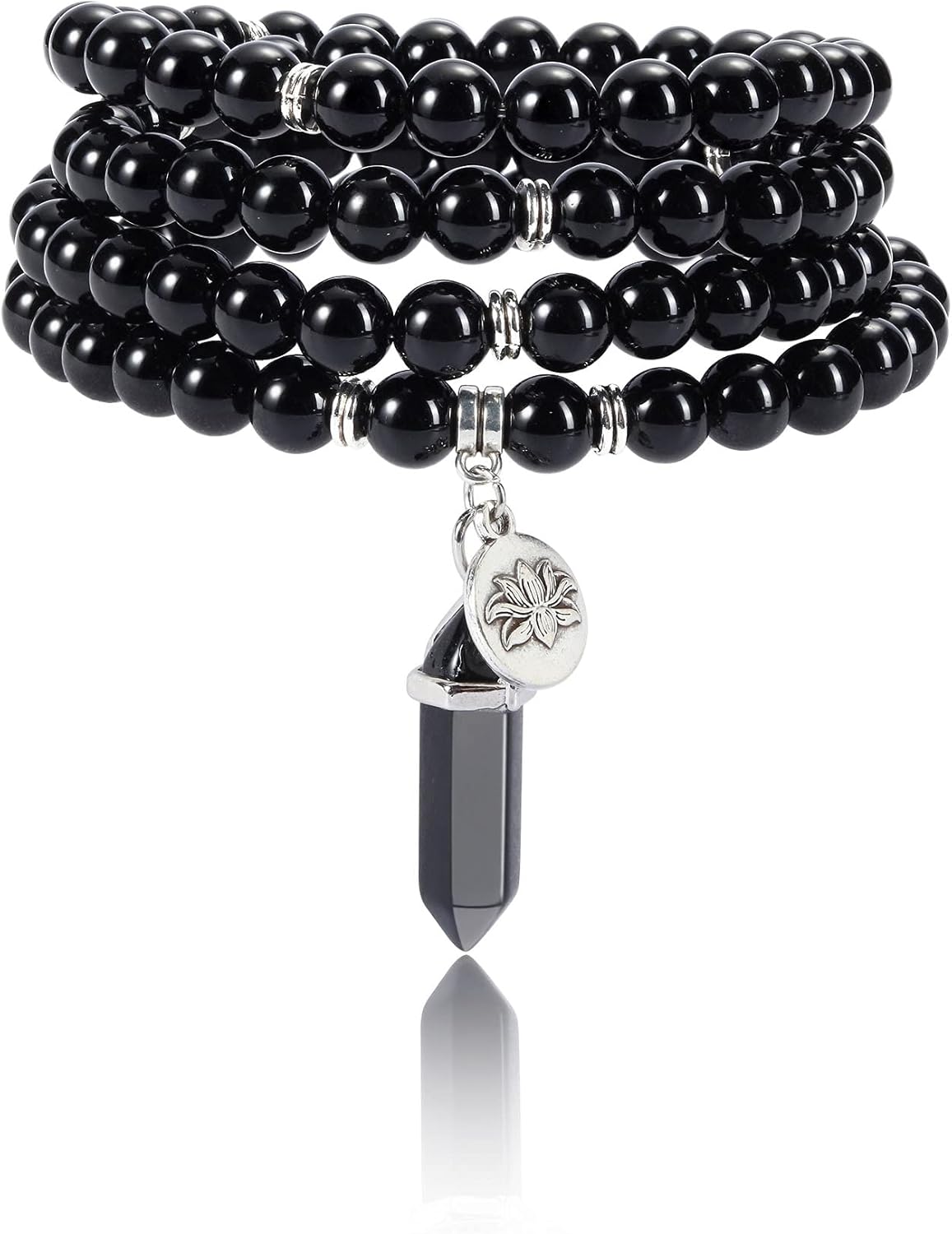 Jovivi 108 Mala Beads Bracelet 8mm Natural Amethyst Rose Quartz Healing Crystal Stone Mala Prayer Bead Necklace Hexagonal Prism Gemstone Reiki Pointed Pendant for Yoga Meditation Energy Balancing