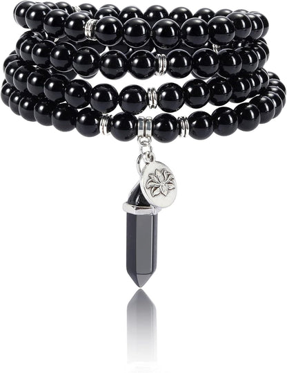Jovivi 108 Mala Beads Bracelet 8mm Natural Amethyst Rose Quartz Healing Crystal Stone Mala Prayer Bead Necklace Hexagonal Prism Gemstone Reiki Pointed Pendant for Yoga Meditation Energy Balancing