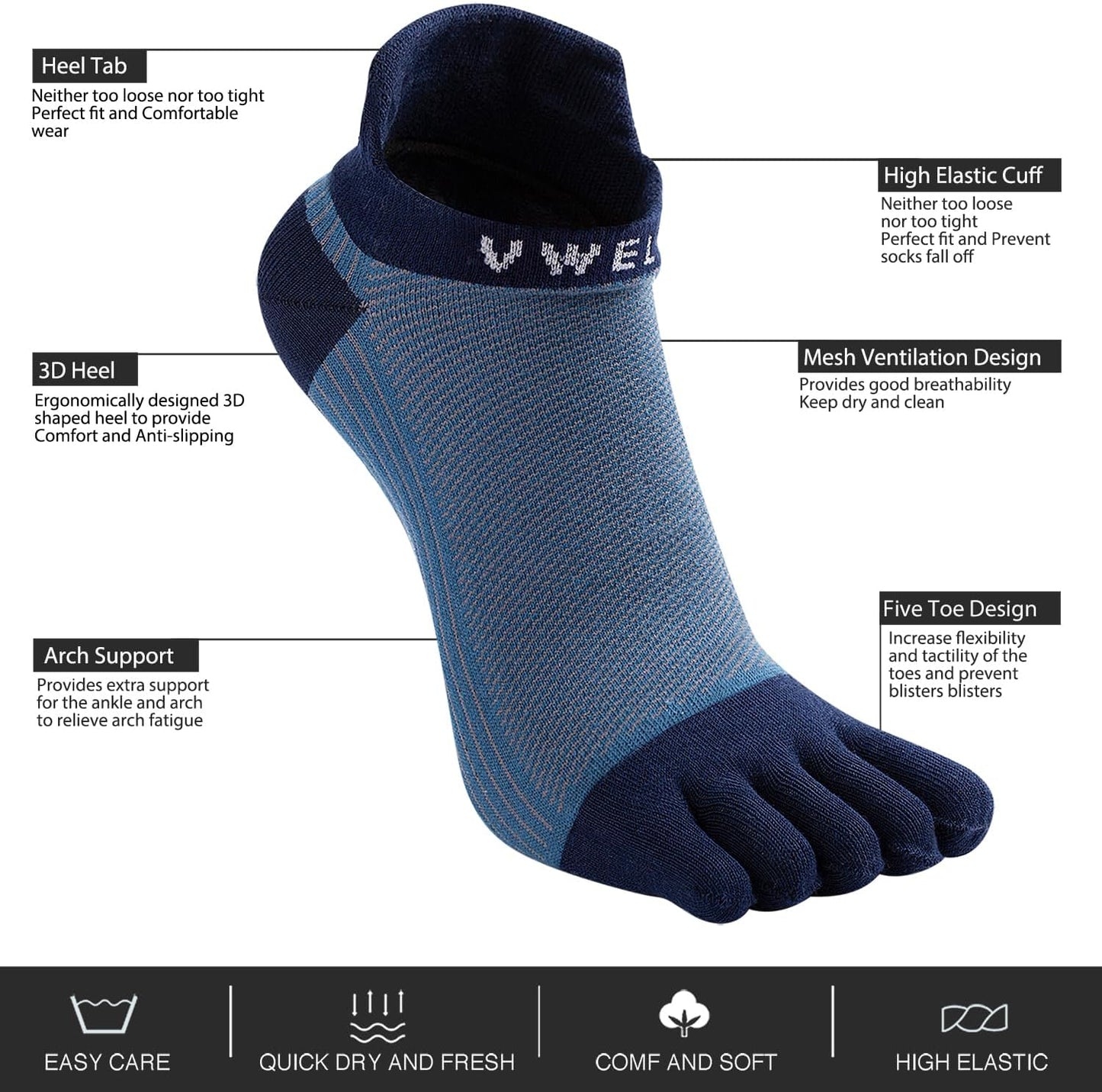 VWELL Cotton Toe Socks Five Finger Socks No Show Crew Athletic Running Socks 4 Pairs,Size 7-11