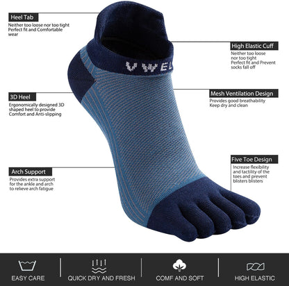 VWELL Cotton Toe Socks Five Finger Socks No Show Crew Athletic Running Socks 4 Pairs,Size 7-11