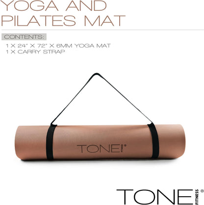 TONE Fitness Yoga Mat 1/4" Thick Non Slip Exercise & Pilates Mat for Home Workouts with Carrying Strap | Multiple Options