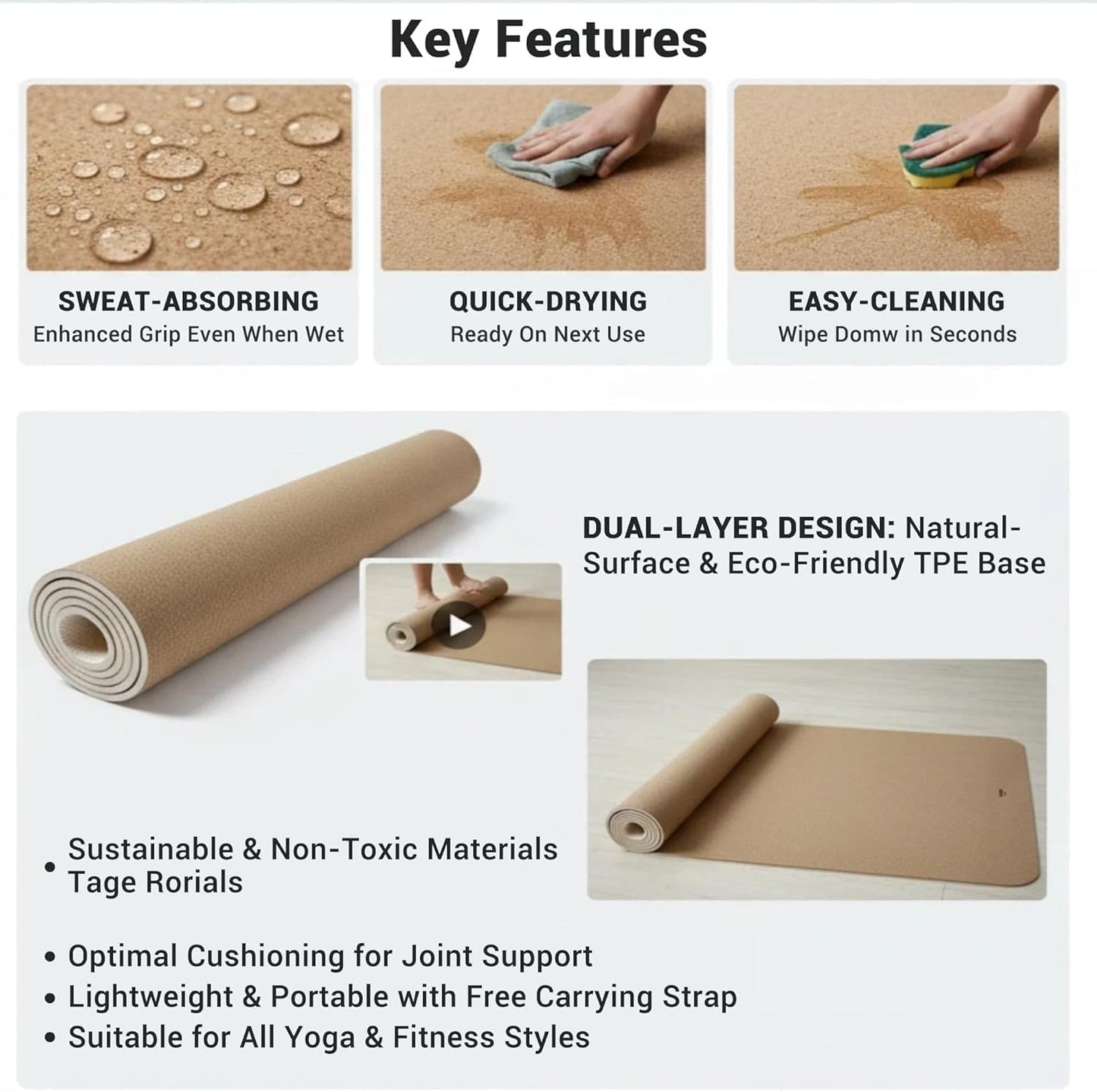 Cork Yoga Mat 6mm Extra Thick Cushioning High Density Natural Rubber Exercise Pad 72 x 24 Inch for Home Gym