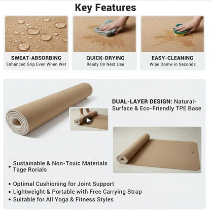 Cork Yoga Mat 6mm Extra Thick Cushioning High Density Natural Rubber Exercise Pad 72 x 24 Inch for Home Gym