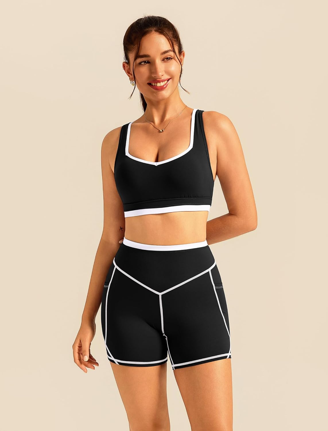 ABOCIW Womens Two Piece Workout Sets Color Block Sports Bra Matching High Waist Biker Shorts Active Gym Yoga Outfits