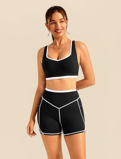 ABOCIW Womens Two Piece Workout Sets Color Block Sports Bra Matching High Waist Biker Shorts Active Gym Yoga Outfits
