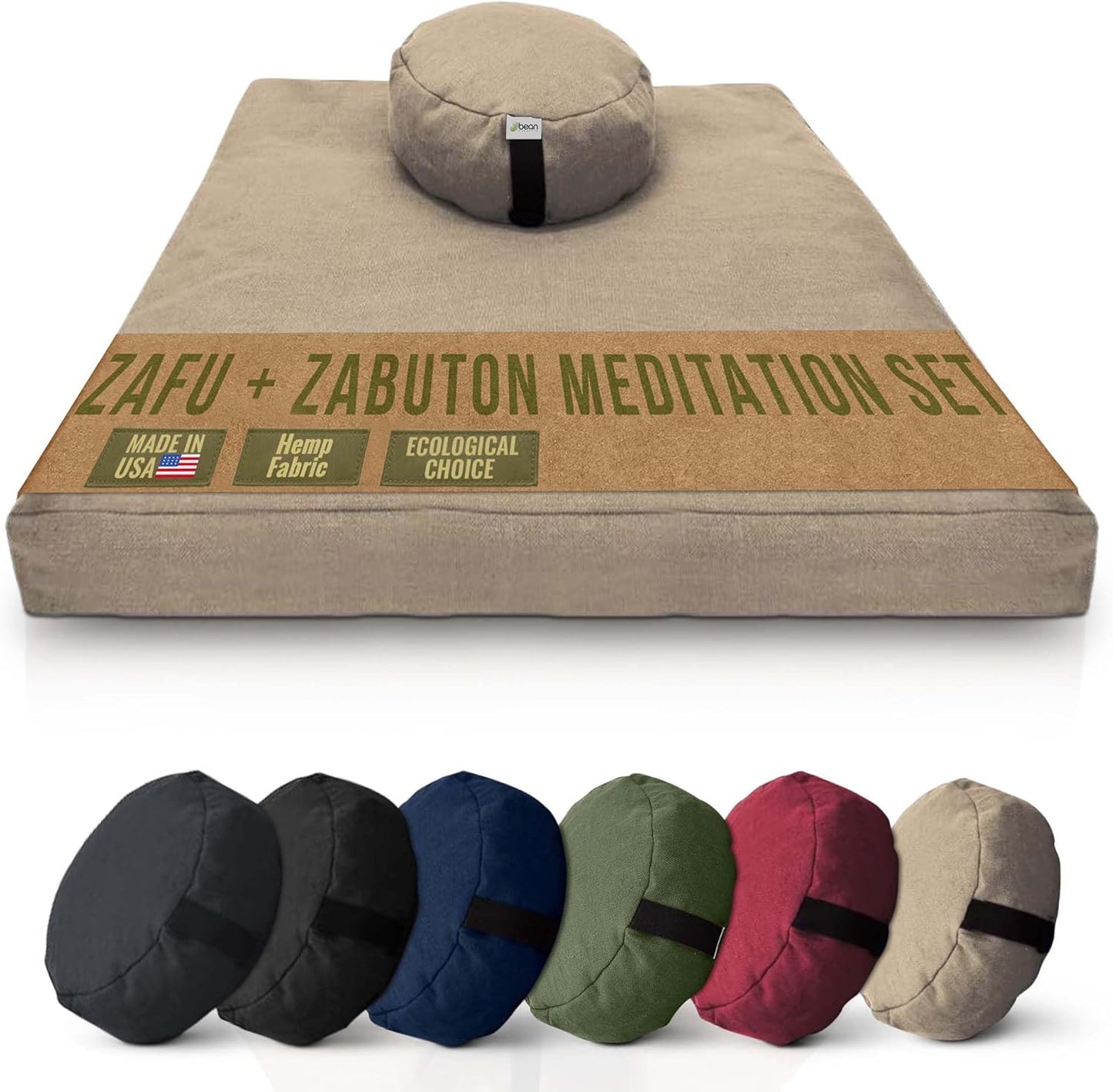 Meditation Cushion Mat Set HEMP - Large Oval Zafu Floor Pillow Organic Buckwheat Pillow + Cotton Filled HEMP Zabuton Prayer Pad - Meditation Pillow Yoga Knee Pad Made in USA - 18" Oval, NATURAL Hemp