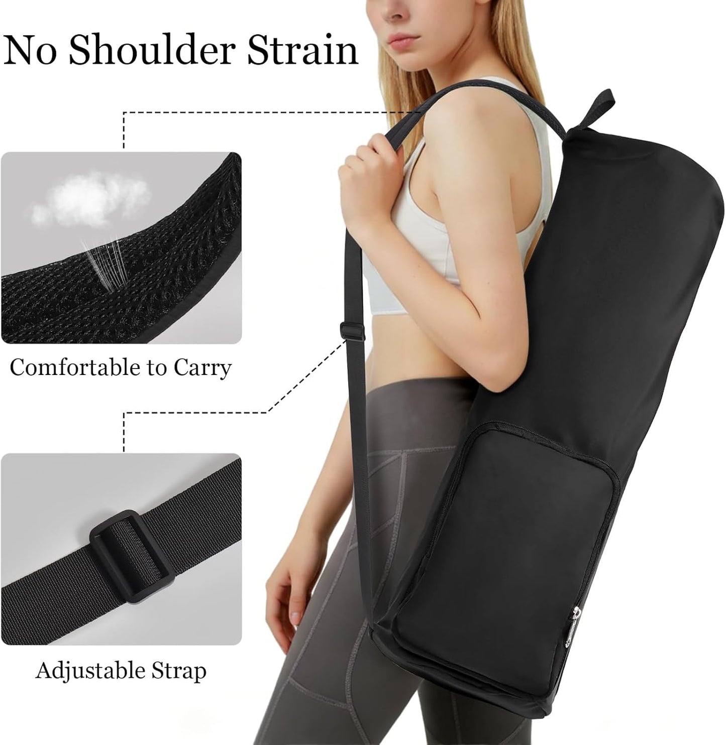 Yoga Mat Bag with Comfort Shoulder Strap and Side Pocket, Waterproof Yoga Mat Carrier Holder for Women and Men, Large Opening Pilates Bag for Workouts, Gym, Exercise