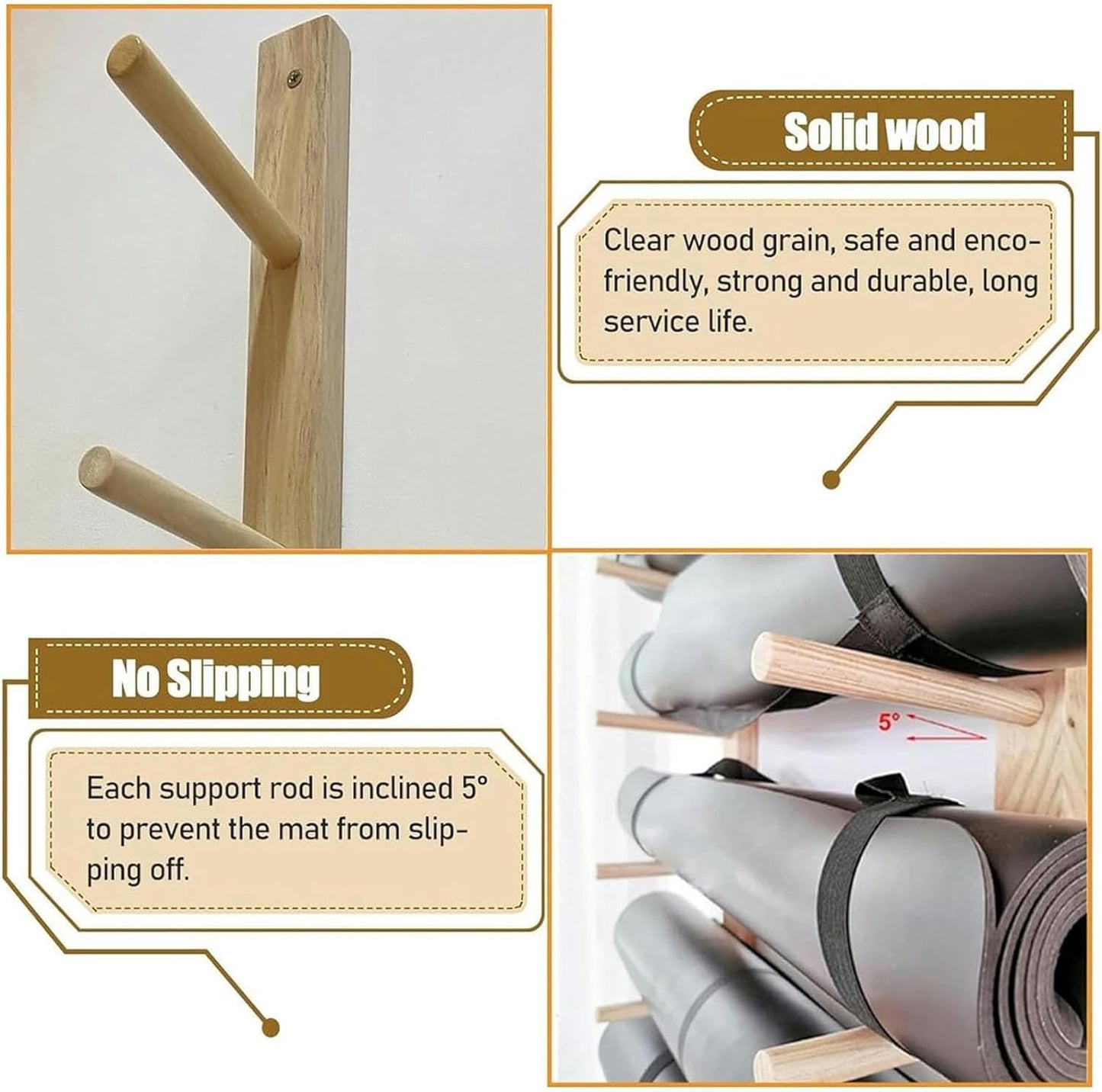 Wooden Yoga Mat Storage Rack, 6/9 Tier Roller Storage Holder Wall Mount, Large Capacity Exercise Mats Display Stand Wall Yoga Shelf for Gym Studio Office Foam