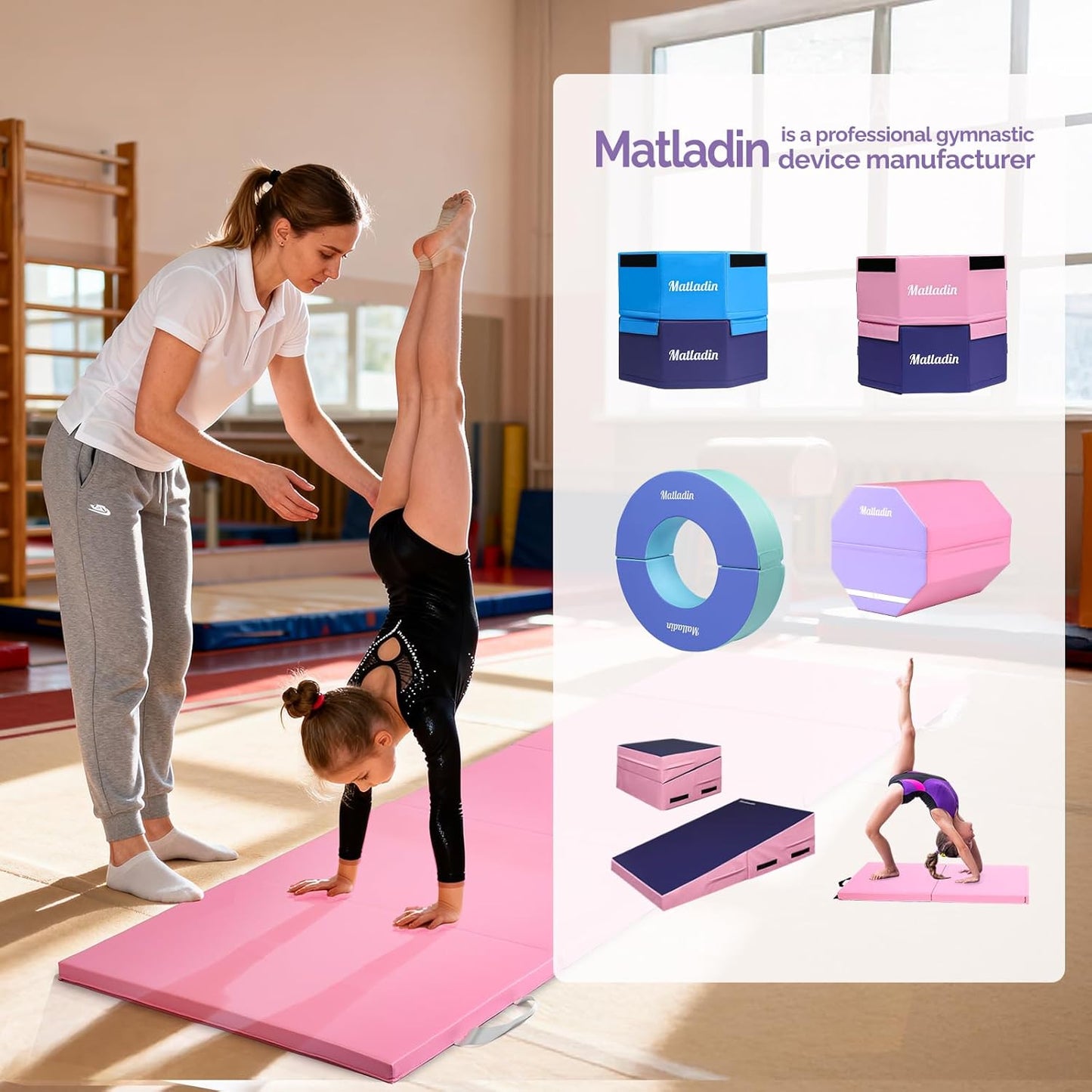 Matladin Folding Gymnastics Mat for Kids, 6'x3'x1"/8'x3'x1" PU Leather Gym Exercise Mats for Tumbling, Cheer, Yoga, Fitness, Pilates and Martial Art