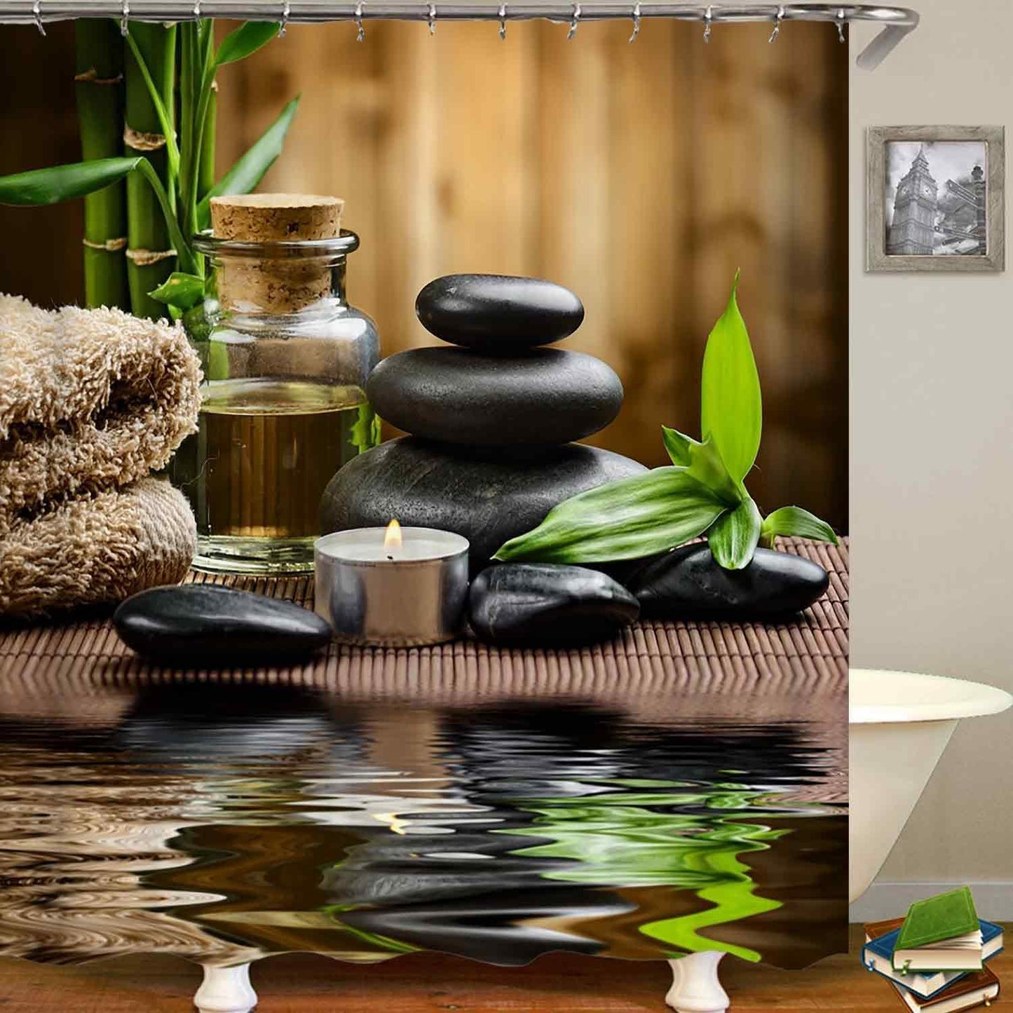 4PCS Spa Zen Shower Curtain Sets with Rugs, White Shower Curtain, Pink Floral Orchid Lotus Water Lily Stone Bamboo Water Reflection Yoga Massage Relaxing Spiritual Meditation Bathroom Decor