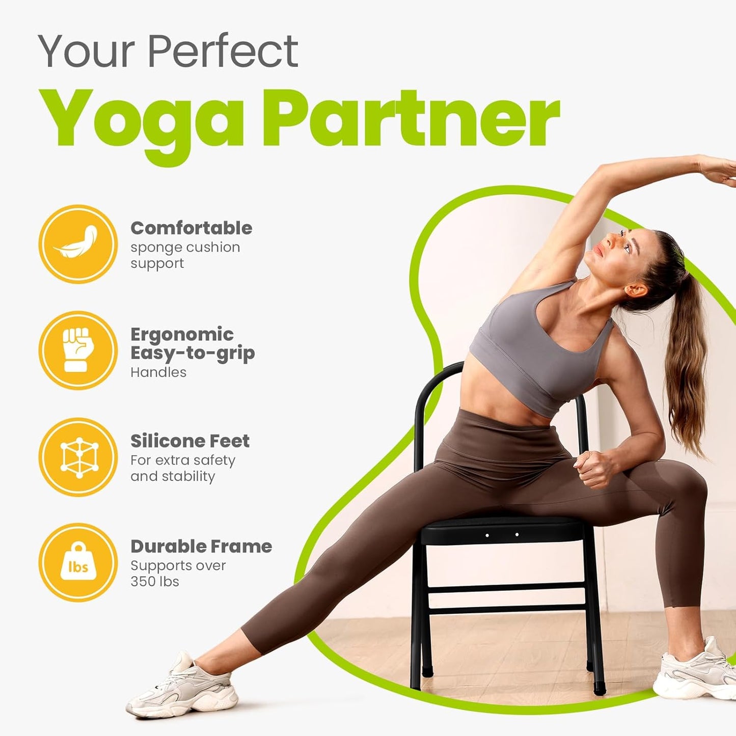 Foldable Yoga Auxiliary Chair with 3 Training Guide Posters for Versatile Exercises, Yoga Assist Handstand Chair with Detachable Lumbar Back Support for Stretching, Balance Training. (Black)