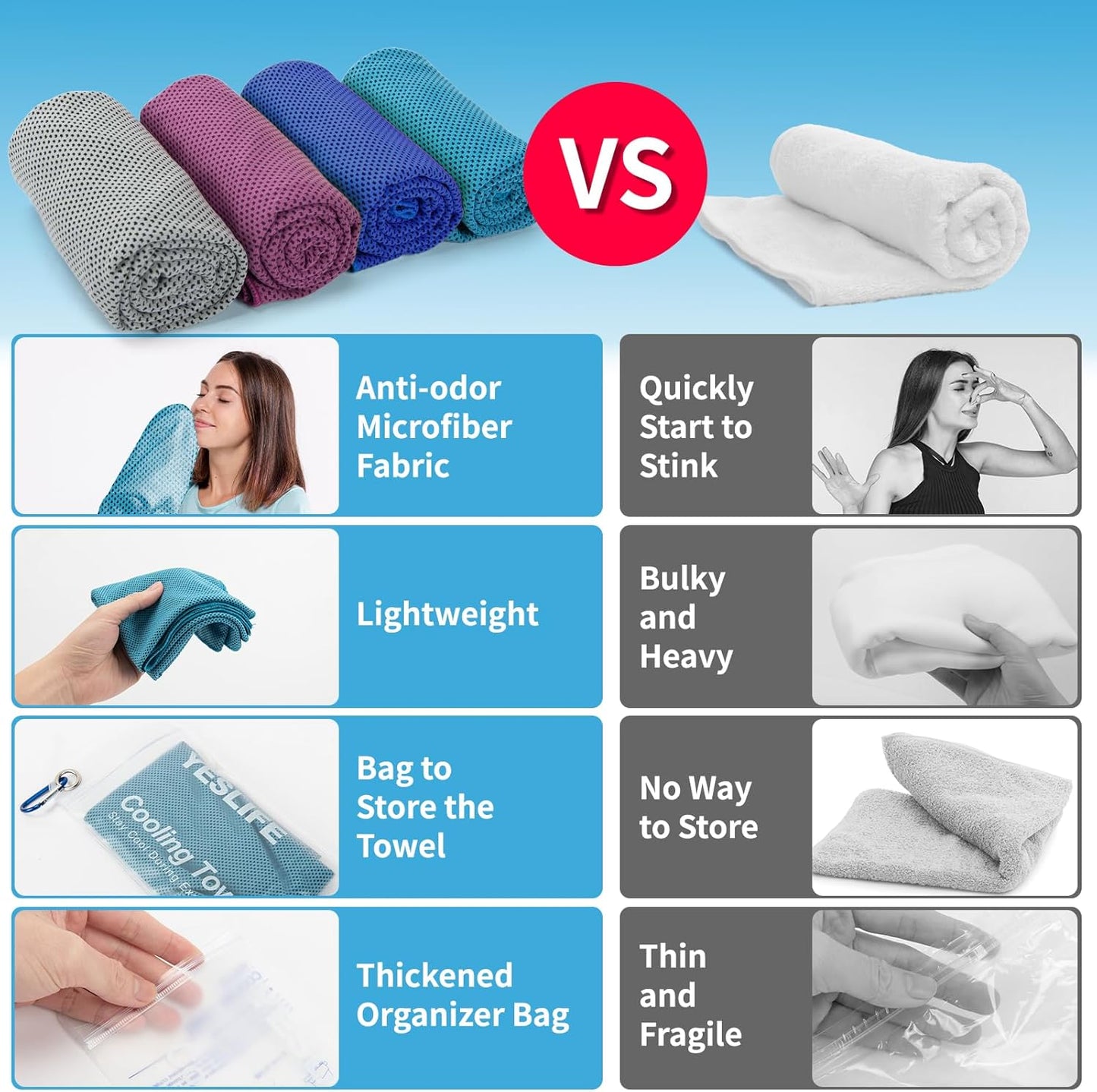 YESLIFE 4 Pack Cooling Towels 40"x12", Gym Towels for Men and Women, Soft Breathable Workout Towels for Yoga, Running, Sport, Workout, Camping, Fitness & More (Blue, Grey, Green, Pink)