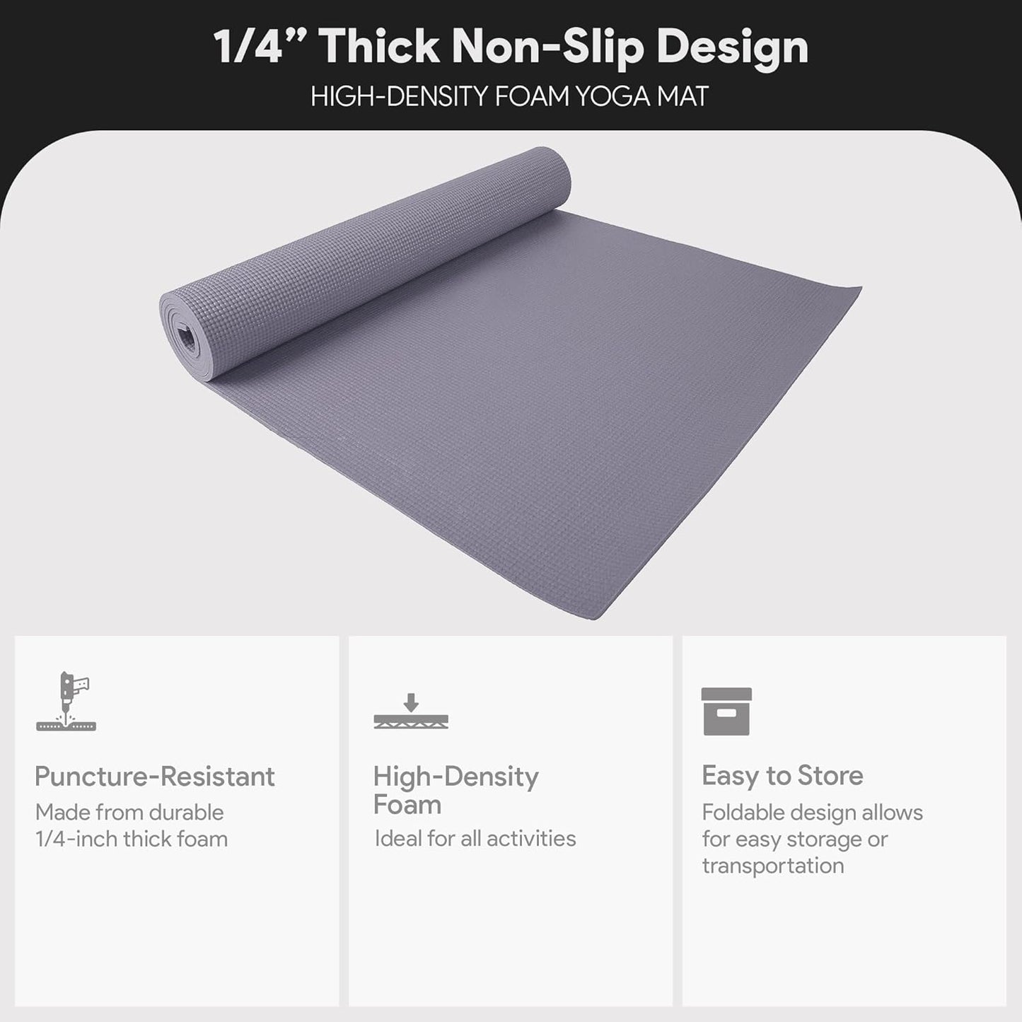 Fitvids All Purpose 1/4-Inch High Density Anti-Tear Exercise Yoga Mat with Carrying Strap, Multiple Colors