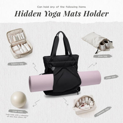 GOLF SUPAGS 3-in-1 Laptop Tote Backpack for Women 15.6" Quilted Work Gym Bag with Hidden Yoga Mat Carrier for Travel Leisure (Gravel Brown & Beige)