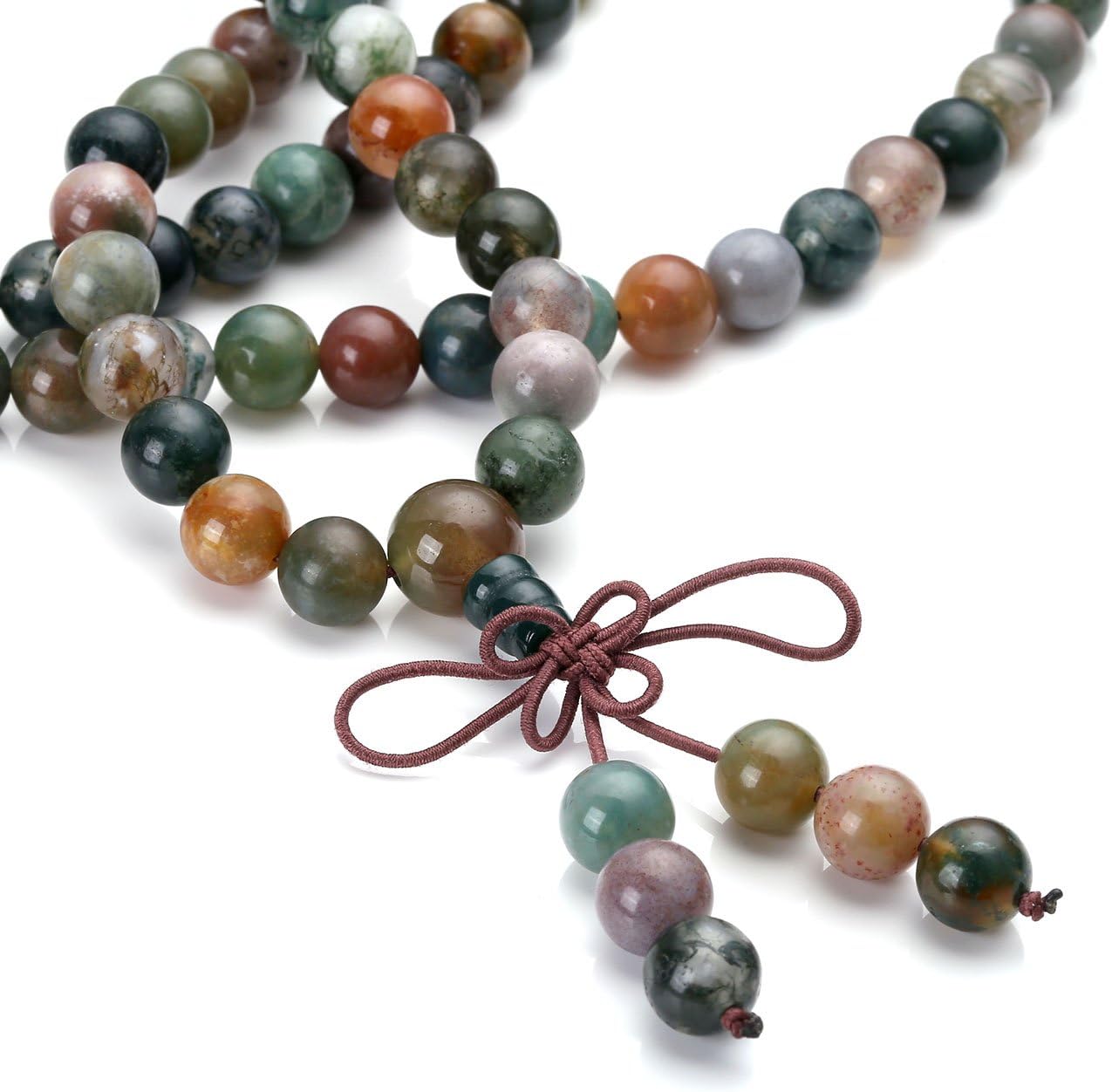 Jovivi 108 Mala Beads Bracelet 6mm 8mm Natural Indian Agate/Green Moss Agate Gemstone Healing Crystal Stone Beaded Bracelet Hand Knotted Prayer Mala Beads Necklace for Yoga Meditation Balance