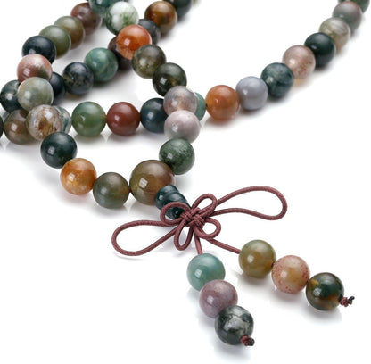 Jovivi 108 Mala Beads Bracelet 6mm 8mm Natural Indian Agate/Green Moss Agate Gemstone Healing Crystal Stone Beaded Bracelet Hand Knotted Prayer Mala Beads Necklace for Yoga Meditation Balance