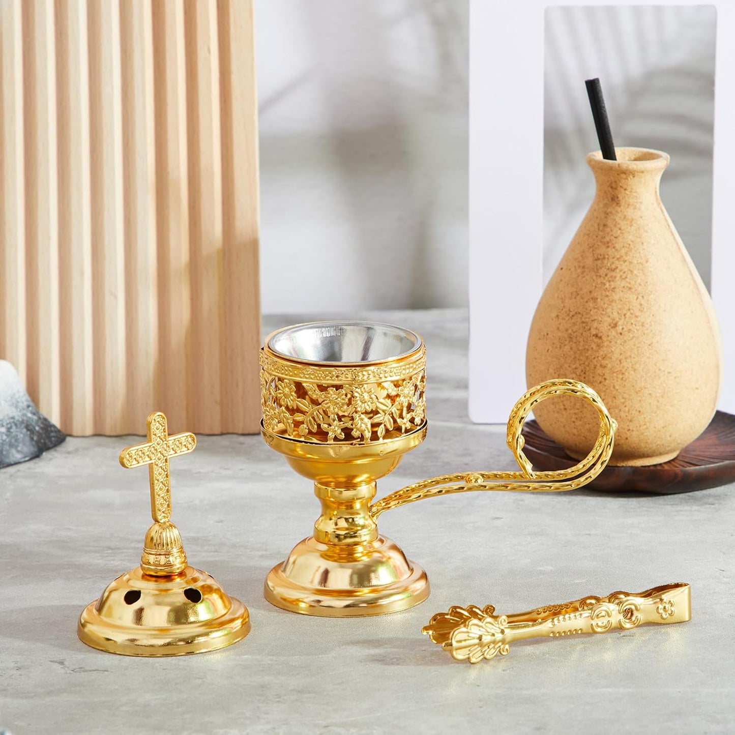Zonon 1 Set Incense Burner with Tong, Frankincense Charcoal Incense Stand Holder, Ideal for Yoga, Spa, Aromatherapy, Home and Christian Church Censer (Gold,Retro)